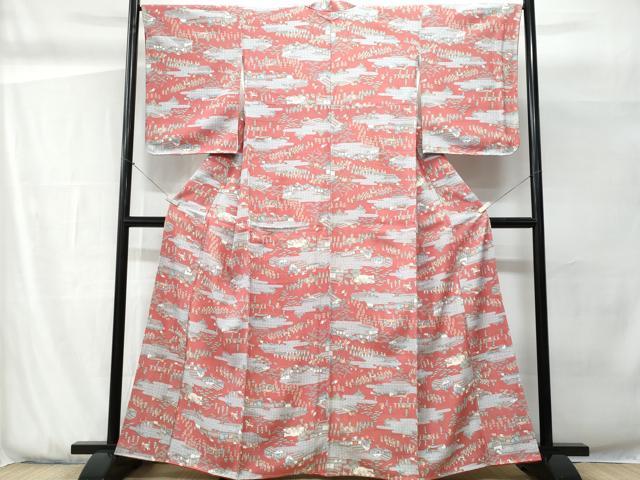 平和屋着物■上質な小紋　人物風景文　金彩　鬼しぼ縮緬　正絹　逸品　CABG9816fb