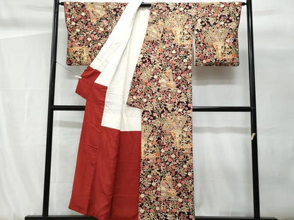 平和屋着物■上質な小紋　檜扇花唐草文　鬼しぼ縮緬　正絹　逸品　CABG9819fb