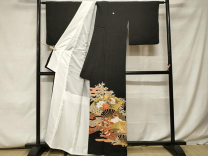 平和屋着物■豪華黒留袖 駒刺繍 孔雀鴛鴦扇面花文 金彩 正絹 逸品 CABH0002ev