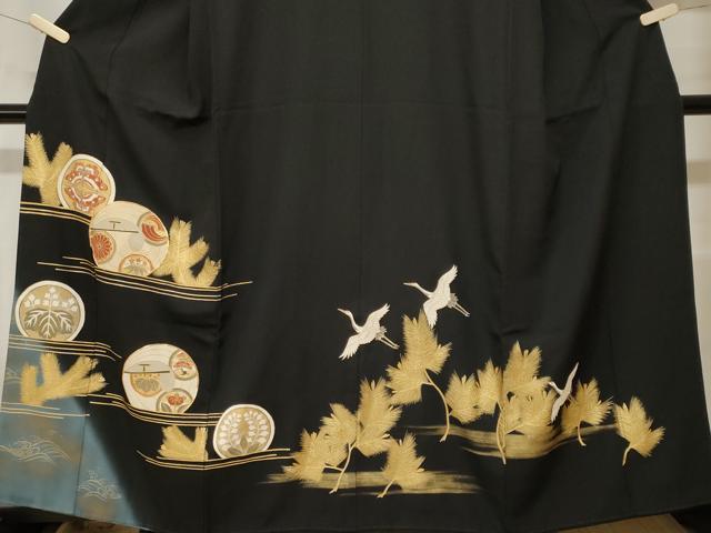 平和屋着物■豪華黒留袖 駒刺繍 飛鶴花蝶丸文 暈し染め 金彩 正絹 逸品 CABH0005ev