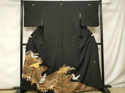 平和屋着物■豪華黒留袖 駒刺繍 萬寿染 立波飛鶴文 金銀彩 正絹 逸品 CABH0013ev