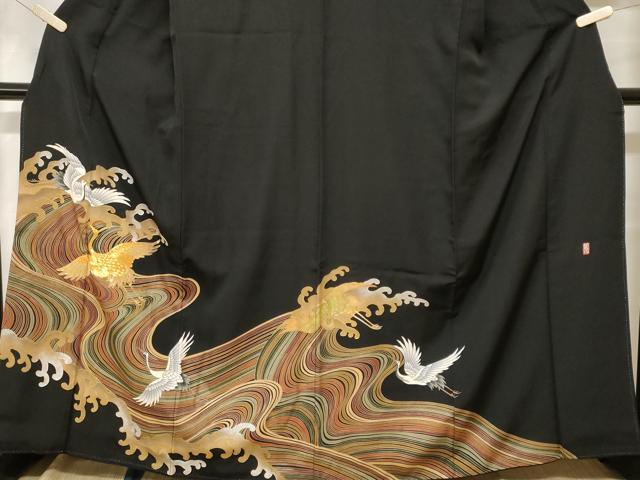 平和屋着物■豪華黒留袖 駒刺繍 萬寿染 立波飛鶴文 金銀彩 正絹 逸品 CABH0013ev