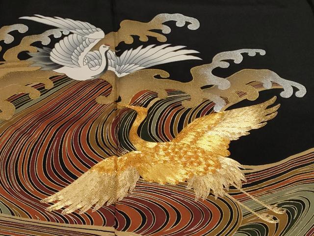 平和屋着物■豪華黒留袖 駒刺繍 萬寿染 立波飛鶴文 金銀彩 正絹 逸品 CABH0013ev