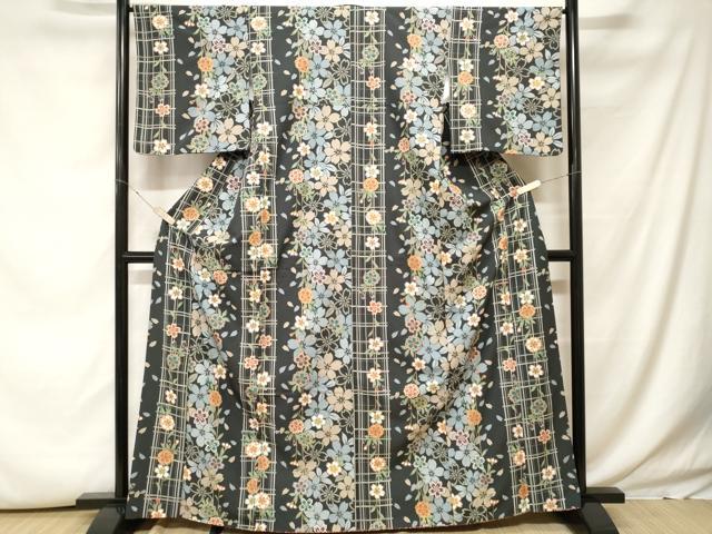 平和屋着物■小紋 格子花間道 黒地 金彩 洗える着物 CABH0024ev