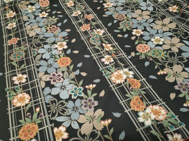 平和屋着物■小紋 格子花間道 黒地 金彩 洗える着物 CABH0024ev