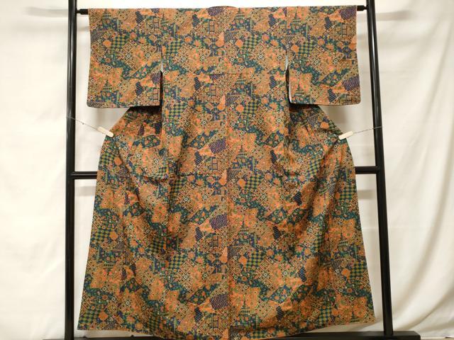 平和屋着物■小紋 切嵌更紗花鳥文 洗える着物 CABH0037ev