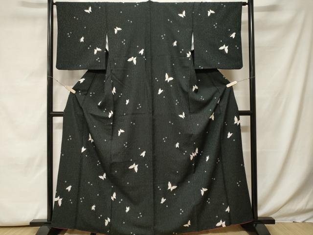 平和屋着物■小紋　舞蝶花文　黒地　金彩　洗える着物　CABH0062ev