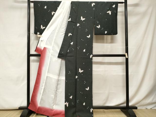 平和屋着物■小紋　舞蝶花文　黒地　金彩　洗える着物　CABH0062ev