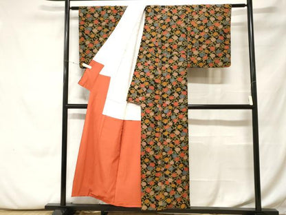 平和屋着物■上質な小紋　枝梅文　黒地　金彩　鬼しぼ縮緬　正絹　逸品　CABH0087ev