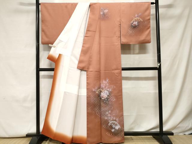 平和屋着物■訪問着　片輪車流水草花文　暈し染め　金彩　洗える着物　CABH0133ev