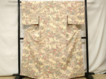 平和屋着物■上質な小紋　流水几帳枝花文　鬼しぼ縮緬　正絹　逸品　CABH0141ev