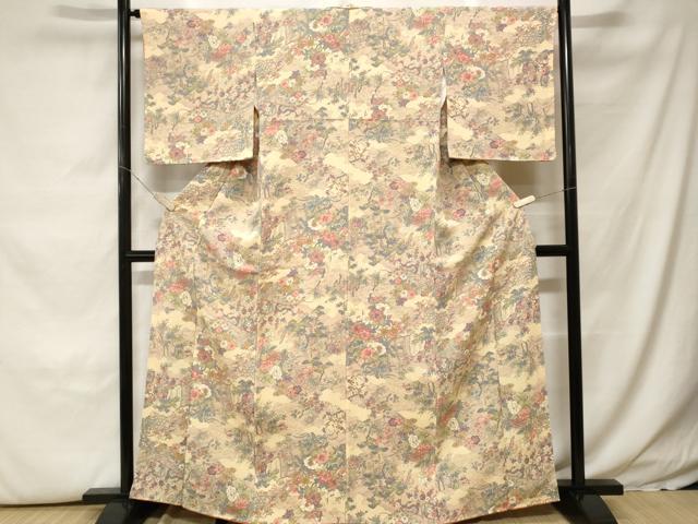平和屋着物■上質な小紋　流水几帳枝花文　鬼しぼ縮緬　正絹　逸品　CABH0141ev