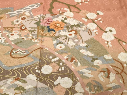 平和屋着物■訪問着　巻絵地紙枝花文　暈し染め　金彩　正絹　逸品　CABH0162ev