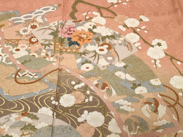 平和屋着物■訪問着　巻絵地紙枝花文　暈し染め　金彩　正絹　逸品　CABH0162ev