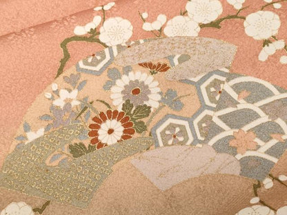 平和屋着物■訪問着　巻絵地紙枝花文　暈し染め　金彩　正絹　逸品　CABH0162ev