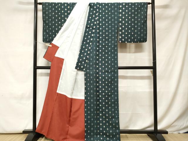 平和屋着物■小紋　麻の葉花文　洗える着物　CABH0166ev