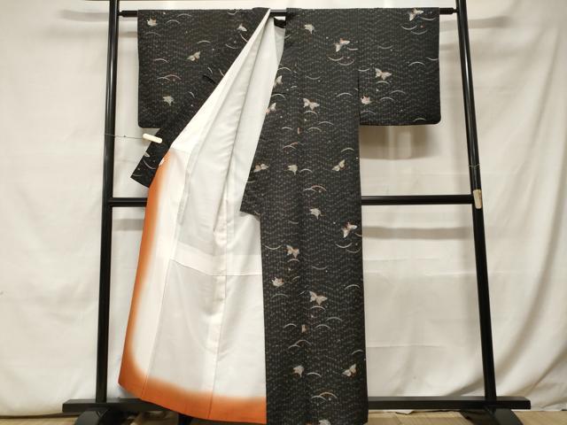 平和屋着物■小紋　露芝舞蝶文　黒地　洗える着物　CABH0179ev