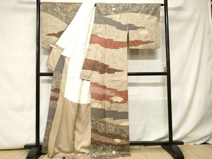 平和屋着物■訪問着　駒刺繍　地紙草花文　金彩　正絹　逸品　CABH0197ev