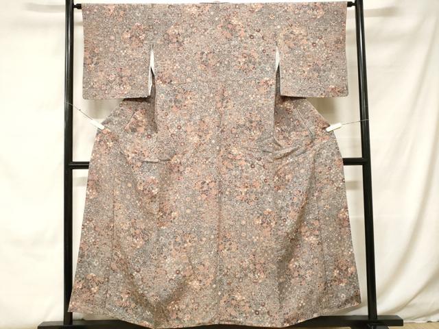 平和屋着物■上質な小紋　切嵌陶器草花文　鬼しぼ縮緬　正絹　逸品　CABH0205ev
