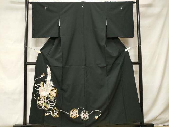 平和屋着物■黒留袖　総刺繍　松竹梅尾長鳥花文　金糸　洗える着物　CABH0221ev