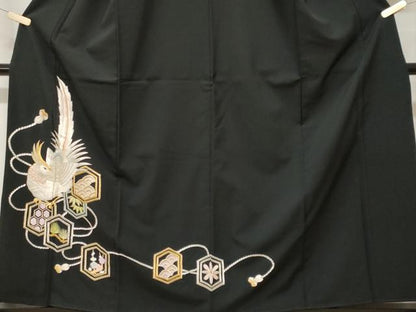 平和屋着物■黒留袖　総刺繍　松竹梅尾長鳥花文　金糸　洗える着物　CABH0221ev