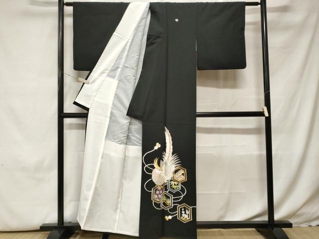 平和屋着物■黒留袖　総刺繍　松竹梅尾長鳥花文　金糸　洗える着物　CABH0221ev