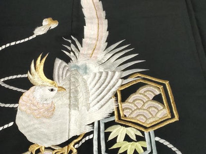 平和屋着物■黒留袖　総刺繍　松竹梅尾長鳥花文　金糸　洗える着物　CABH0221ev