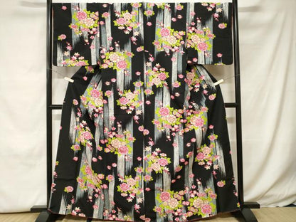 平和屋着物■小紋　枝花文　黒地　洗える着物　CABH0226ev