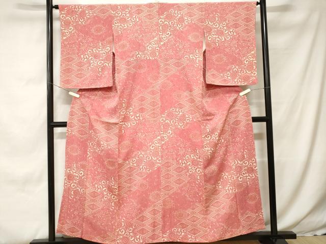 平和屋着物■上質な小紋　型染め　切嵌花唐草文　更紗花鳥文　鬼しぼ縮緬　正絹　逸品　未使用　CABH0263ev