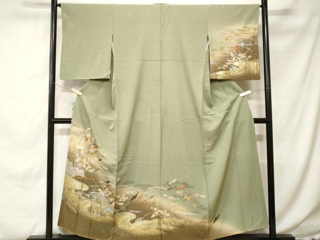 平和屋着物■訪問着　飛鶴流水花文　暈し染め　金銀彩　正絹　逸品　CABH0266ev