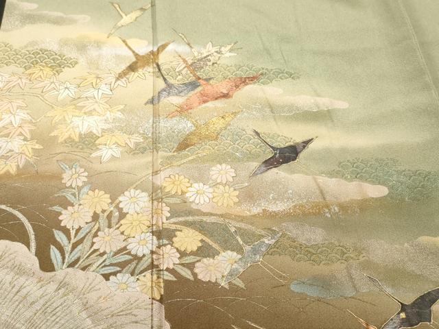 平和屋着物■訪問着　飛鶴流水花文　暈し染め　金銀彩　正絹　逸品　CABH0266ev