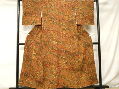 平和屋着物■上質な小紋　型染め　更紗鳳凰吉祥花文　鬼しぼ縮緬　正絹　逸品　CABH0316ev