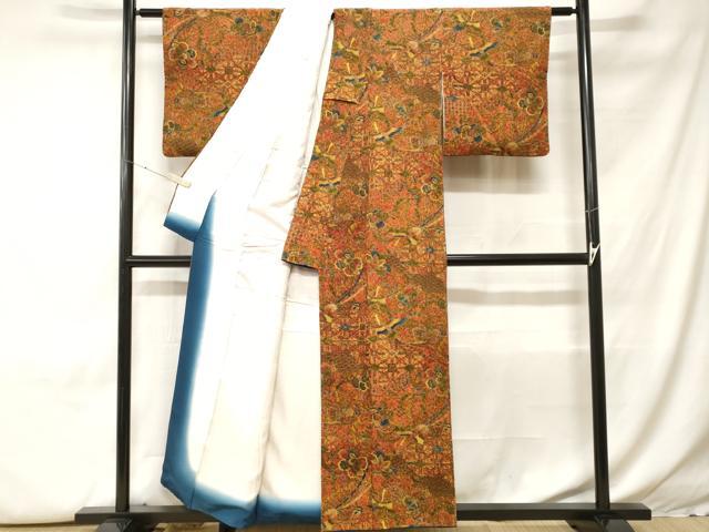 平和屋着物■上質な小紋　型染め　更紗鳳凰吉祥花文　鬼しぼ縮緬　正絹　逸品　CABH0316ev