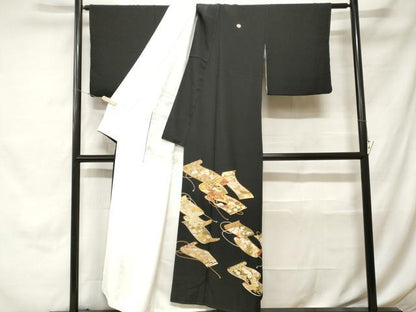 平和屋着物■豪華黒留袖　駒刺繍　巻絵草花文　金彩　正絹　逸品　CABH0391ev