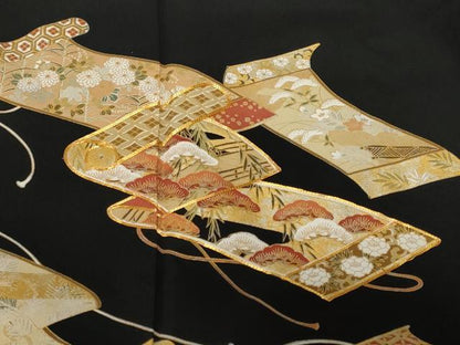 平和屋着物■豪華黒留袖　駒刺繍　巻絵草花文　金彩　正絹　逸品　CABH0391ev