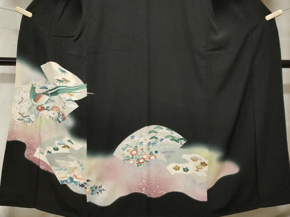 平和屋着物■豪華黒留袖　駒刺繍　尾長鳥松竹梅地紙文　暈し染め　銀彩　正絹　逸品　CABH0431ev