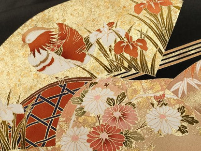 平和屋着物■豪華黒留袖　駒刺繍　地紙流水鴛鴦枝花文　暈し染め　金彩　正絹　逸品　CABH0435ev