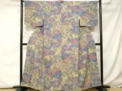 平和屋着物■上質な小紋　切嵌草花文　暈し染め　鬼しぼ縮緬　正絹　逸品　CABH0450ev
