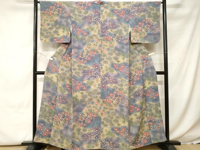 平和屋着物■上質な小紋　切嵌草花文　暈し染め　鬼しぼ縮緬　正絹　逸品　CABH0450ev