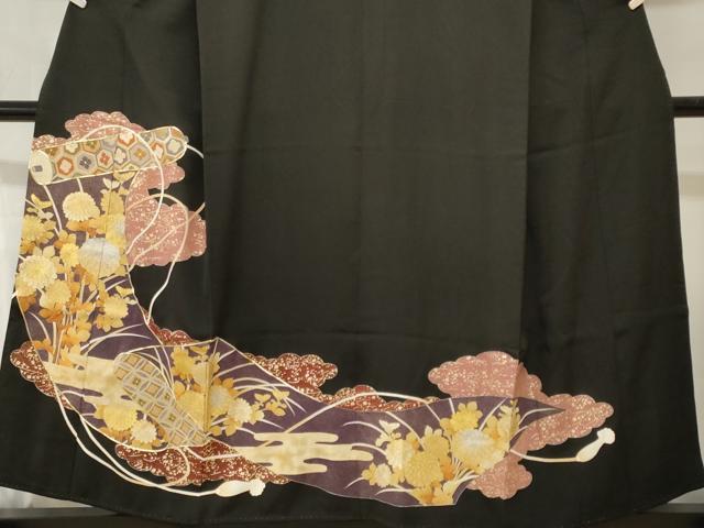 平和屋着物■豪華黒留袖　駒刺繍　絵巻草花文　金銀彩　正絹　逸品　CABH0480ev