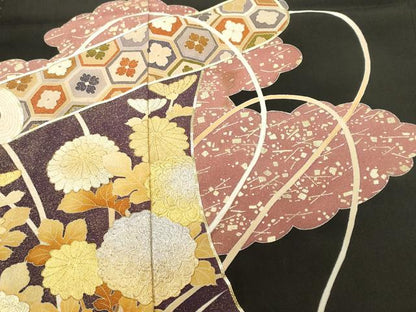 平和屋着物■豪華黒留袖　駒刺繍　絵巻草花文　金銀彩　正絹　逸品　CABH0480ev