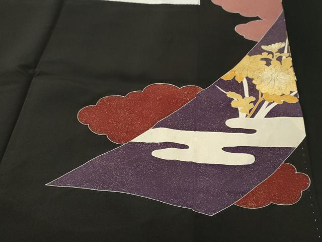 平和屋着物■豪華黒留袖　駒刺繍　絵巻草花文　金銀彩　正絹　逸品　CABH0480ev