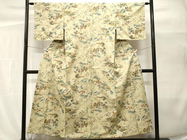 平和屋着物■上質な紬　扇面風景文　正絹　逸品　CABH0486ev