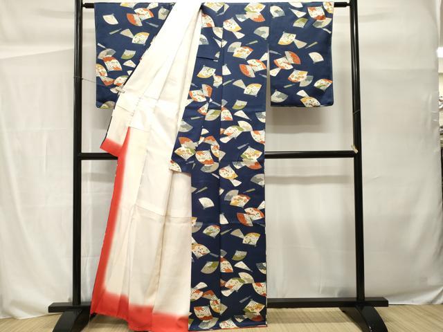 平和屋着物■上質な小紋　扇面草花文　金彩　正絹　逸品　未使用　CABH0488ev