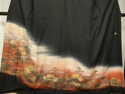 平和屋着物■豪華黒留袖　作家物　風景文　暈し染め　金彩　ロング丈　正絹　逸品　CABH0502ev