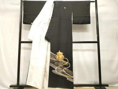 平和屋着物■豪華黒留袖　駒刺繍　檜扇風景花文　金銀彩　正絹　逸品　CABH0506ev