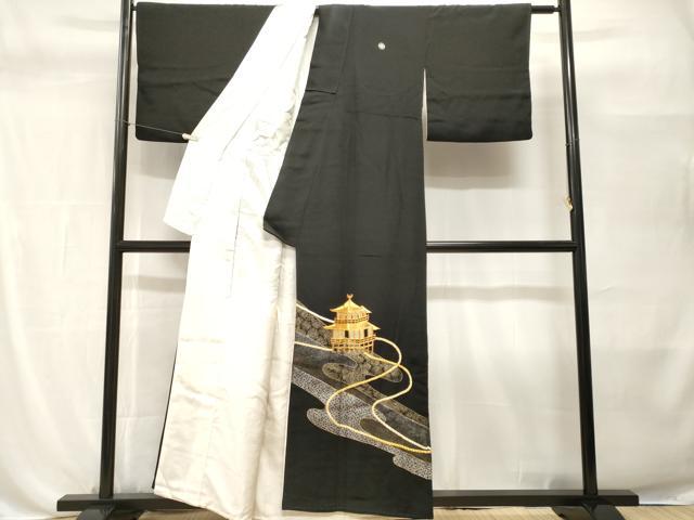平和屋着物■豪華黒留袖　駒刺繍　檜扇風景花文　金銀彩　正絹　逸品　CABH0506ev