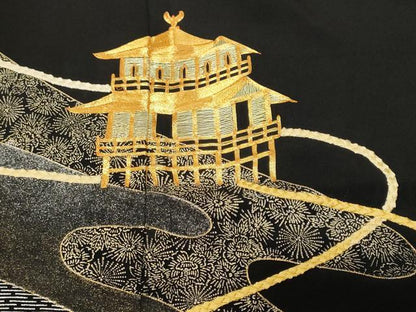 平和屋着物■豪華黒留袖　駒刺繍　檜扇風景花文　金銀彩　正絹　逸品　CABH0506ev