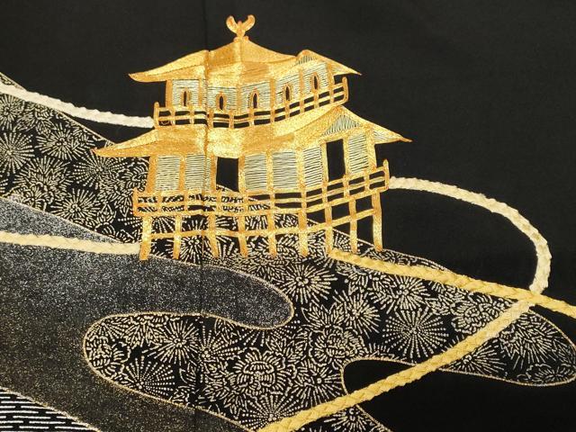 平和屋着物■豪華黒留袖　駒刺繍　檜扇風景花文　金銀彩　正絹　逸品　CABH0506ev