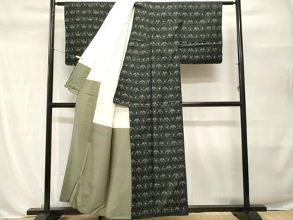 平和屋着物■上質な紬　絵絣文　黒地　正絹　逸品　CABH0507ev